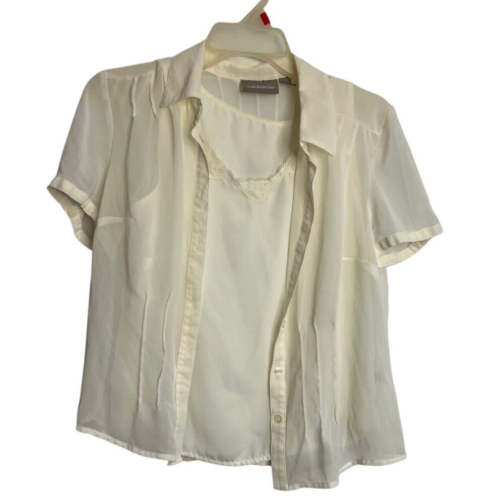 Croft & Barrow 2 Piece Sheer Short Sleeve Button Shirt & Tank size Sm Ivory